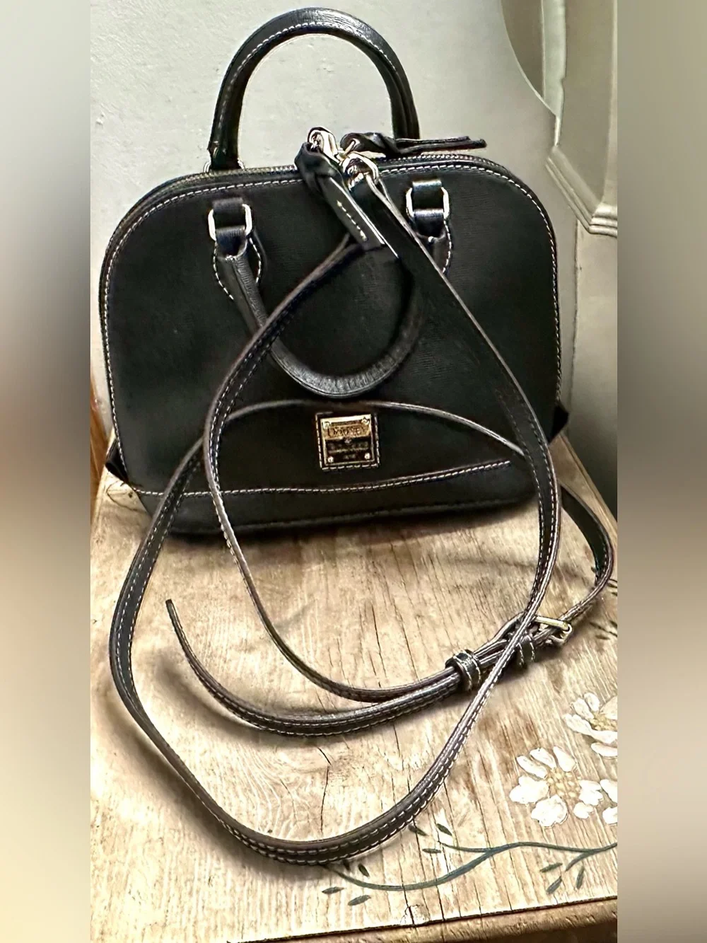Dooney & Bourke Black Leather Dome Satchel with Crossbody Strap